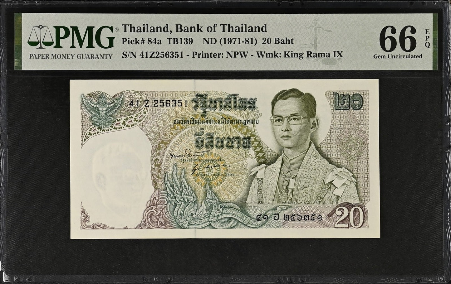 Thailand Bank of Thailand 20 Baht ND (1971-81) P 84a UNC PMG 66 EPQ