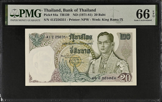 Thailand Bank of Thailand 20 Baht ND (1971-81) P 84a UNC PMG 66 EPQ