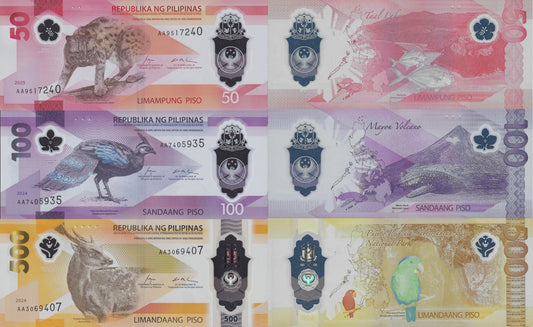 Philippines 50 100 500 Piso 2024-2025 P New Polymer UNC AA Prefix SET 3 pcs