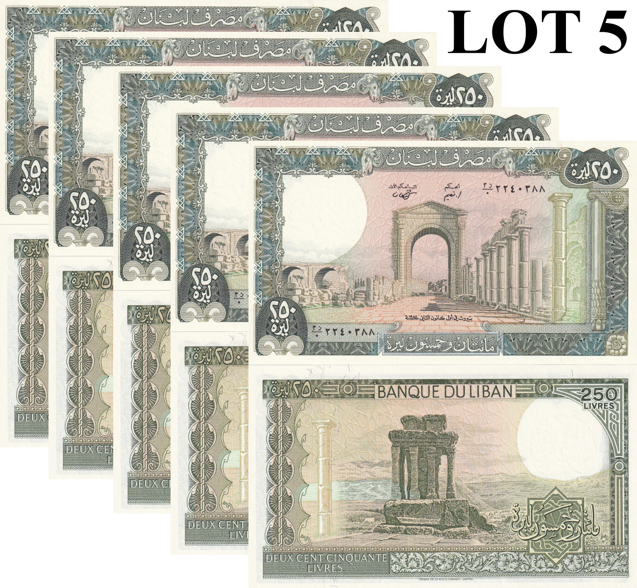 Lebanon 250 Livres 1988 P 67e UNC 1/20 Bundle Lot 5 pcs