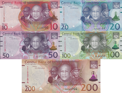 Lesotho 10 20 50 100 200 Maloti 2021 P 26 27 28 29 30 UNC Set 5 pcs