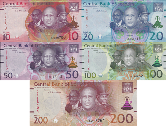 Lesotho 10 20 50 100 200 Maloti 2021 P 26 27 28 29 30 UNC Set 5 pcs