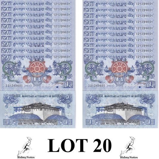 Bhutan 1 Ngultrum 2013 P 27b Simtokha Dzong Dragons UNC 1/5 Bundle LOT 20 pcs