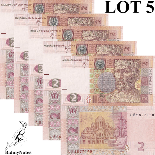 Ukraine 2 Hrivni 2005 P 117b UNC 1/20 Bundle LOT 5 pcs