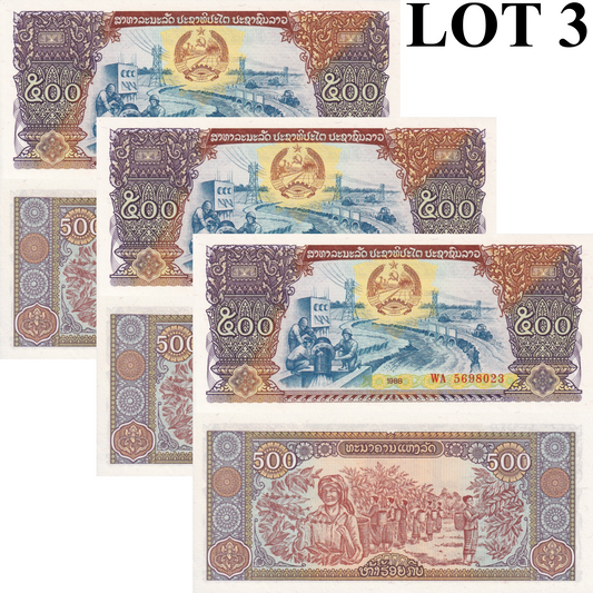 Laos 500 Kip 1988 P 31 UNC Lot 3 pcs