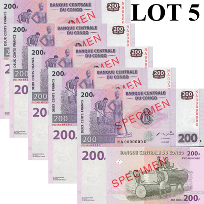 Congo Democratic Republic 200 Francs 2007 P 99a UNC SPECIMEN LOT 5 pcs
