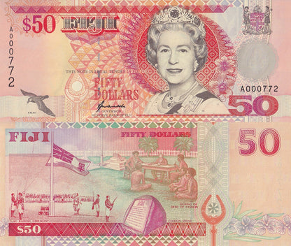 FIiji 50 Dollars ND 1996 P 100 QEII UNC A Prefix LOW SERIAL NO. 000772