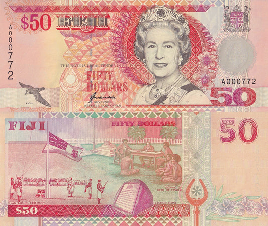 FIiji 50 Dollars ND 1996 P 100 QEII UNC A Prefix LOW SERIAL NO. 000772