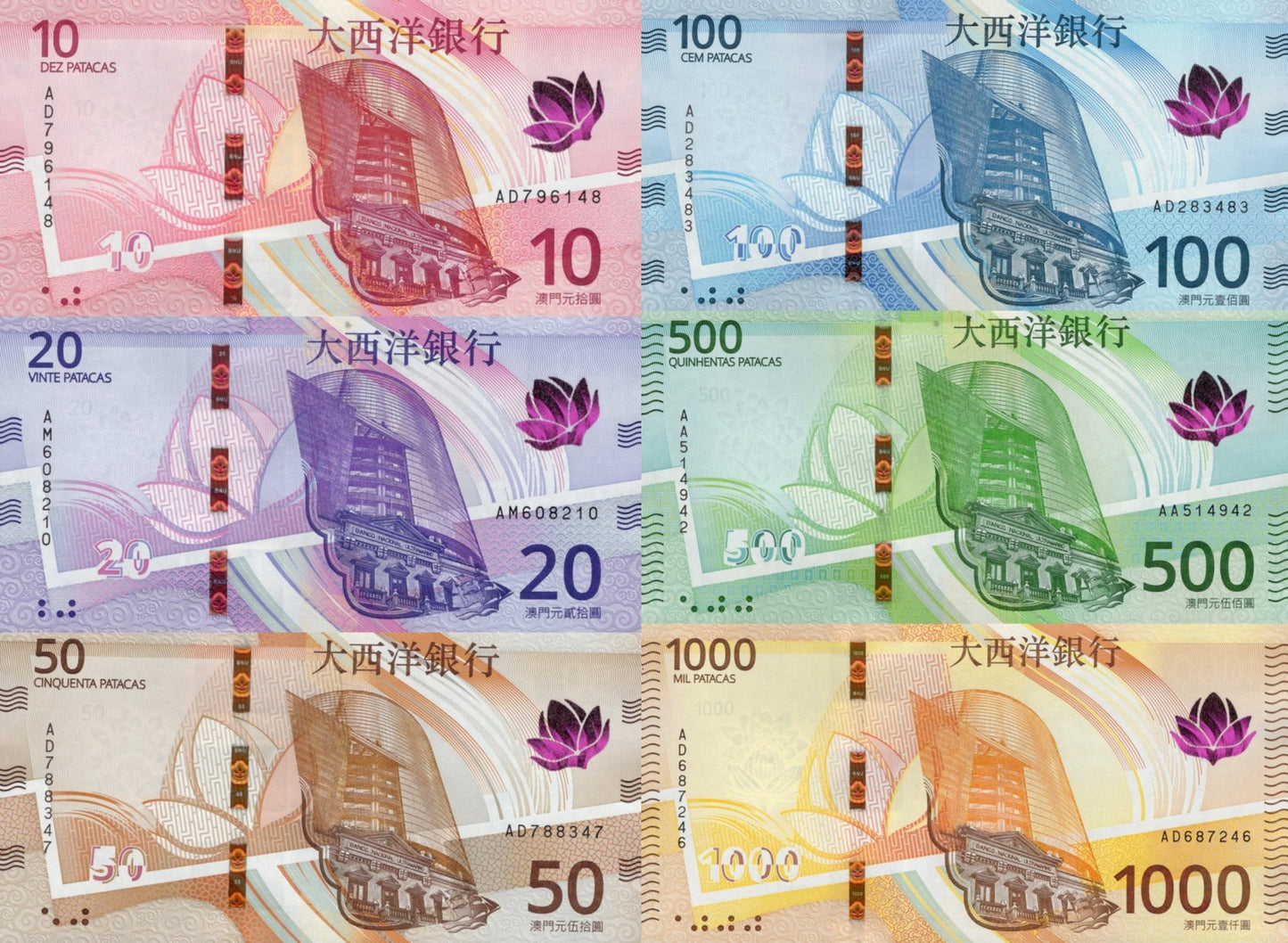 Macau Macao 10 20 - 1000 Patacas 2024-26 P 300a 301a P New Issue BNU Set 6 pcs