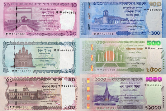 Bangladesh 10 20 50 100 500 1000 Taka 2025 2026 P New UNC Set 6 pcs