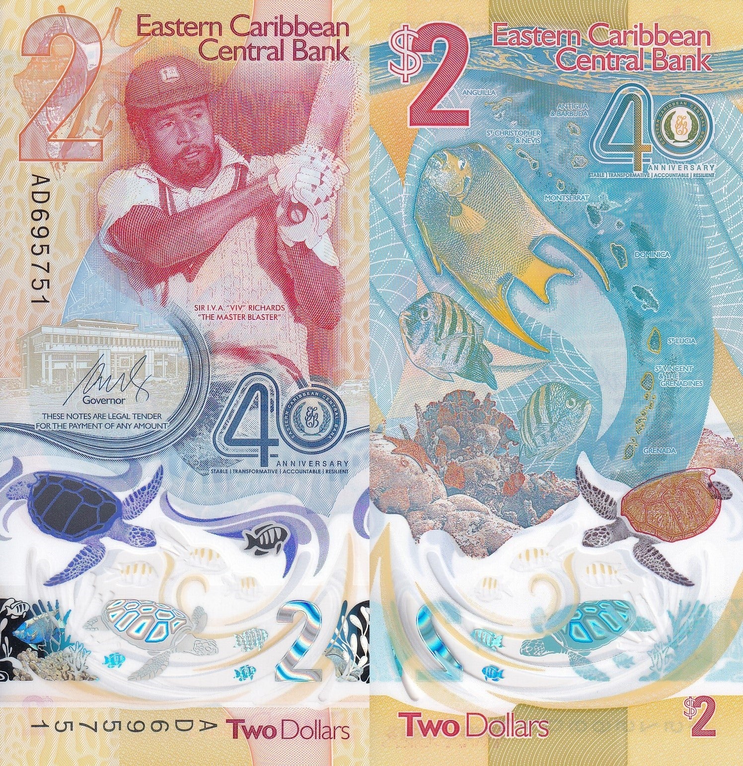 East Caribbean States 2 Dollars 2023 2024 P 61 Polymer UNC 40th COMM. LOT 10 pcs