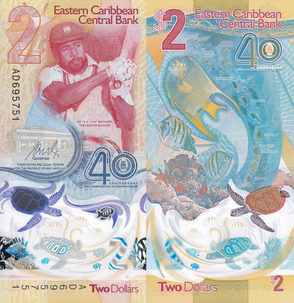 East Caribbean States 2 Dollars 2023 2024 P 61 Polymer UNC 40th COMM. LOT 10 pcs