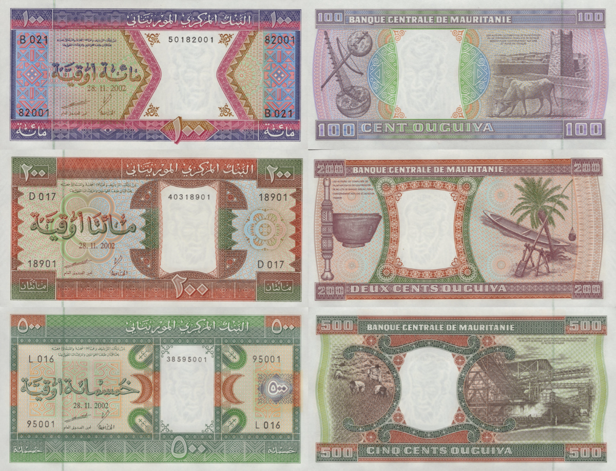 Mauritania 100 200 500 Ouguiya 2002 P 4k 5j 8c UNC Set 3 pcs