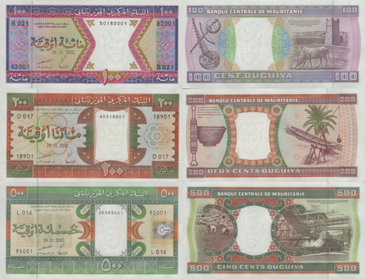Mauritania 100 200 500 Ouguiya 2002 P 4k 5j 8c UNC Set 3 pcs