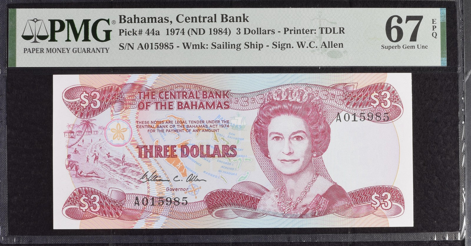 Bahamas Central Bank 3 Dollars (1974)1984 P 44a UNC PMG 67 EPQ