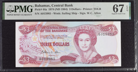 Bahamas Central Bank 3 Dollars (1974)1984 P 44a UNC PMG 67 EPQ
