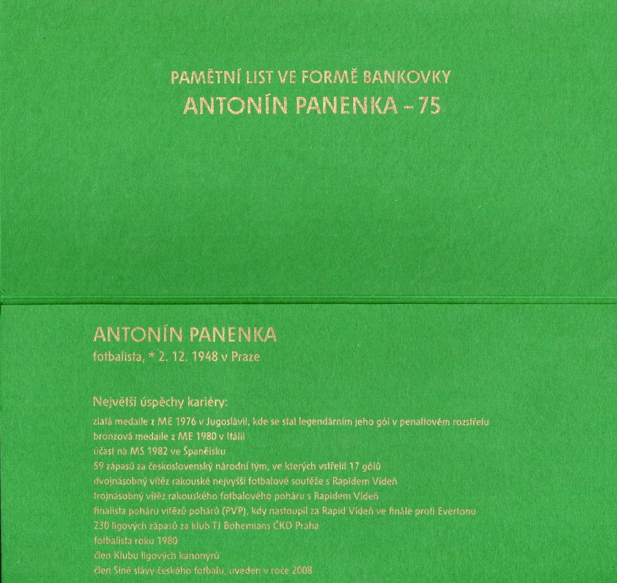 Czech Republic 75 Unit 1976 COMM. Antonin Panenka UNC LOW S/N 000XXX With Folder