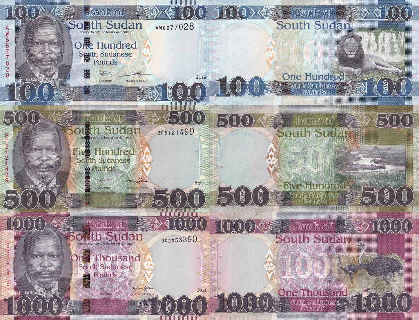 South Sudan 100 500 1000 South Sudanese Pounds 2019 2021 P 15 16 17 UNC Set 3p