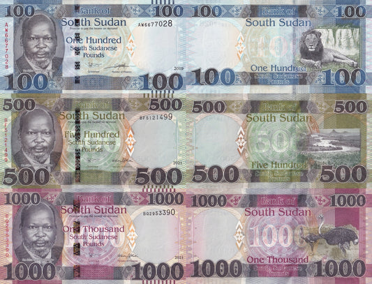 South Sudan 100 500 1000 South Sudanese Pounds 2019 2021 P 15 16 17 UNC Set 3p