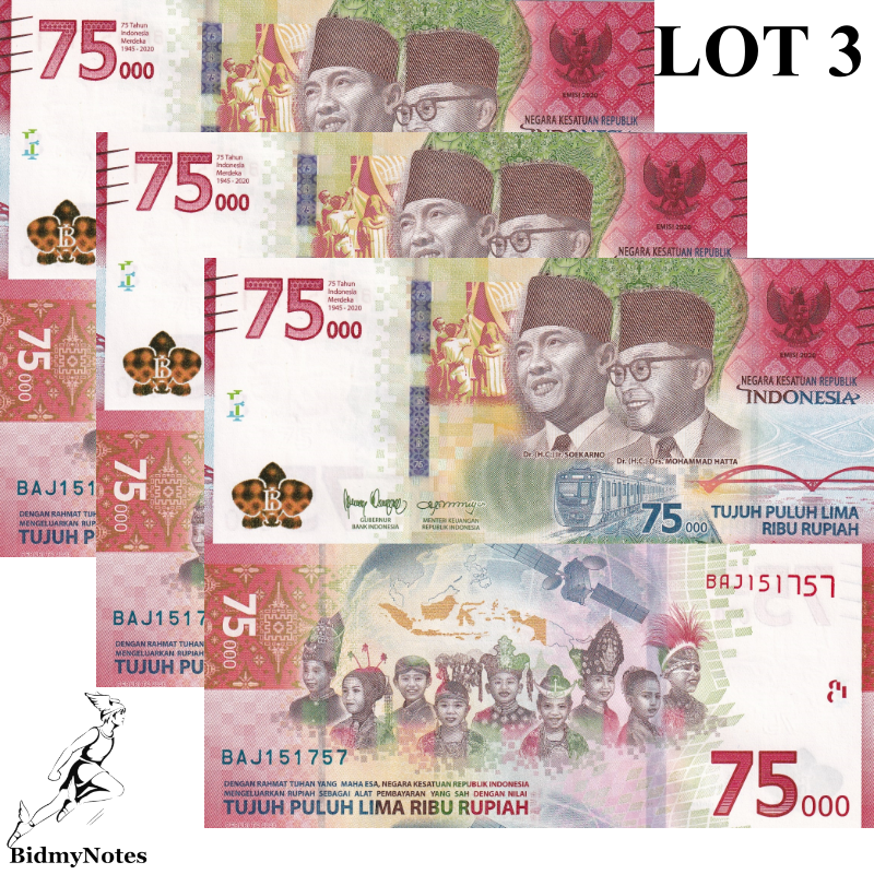 Indonesia 75000 Rupiah 2020 P 161 UNC Commemorative  LOT 3 pcs