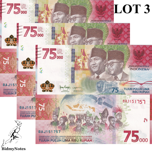 Indonesia 75000 Rupiah 2020 P 161 UNC Commemorative  LOT 3 pcs