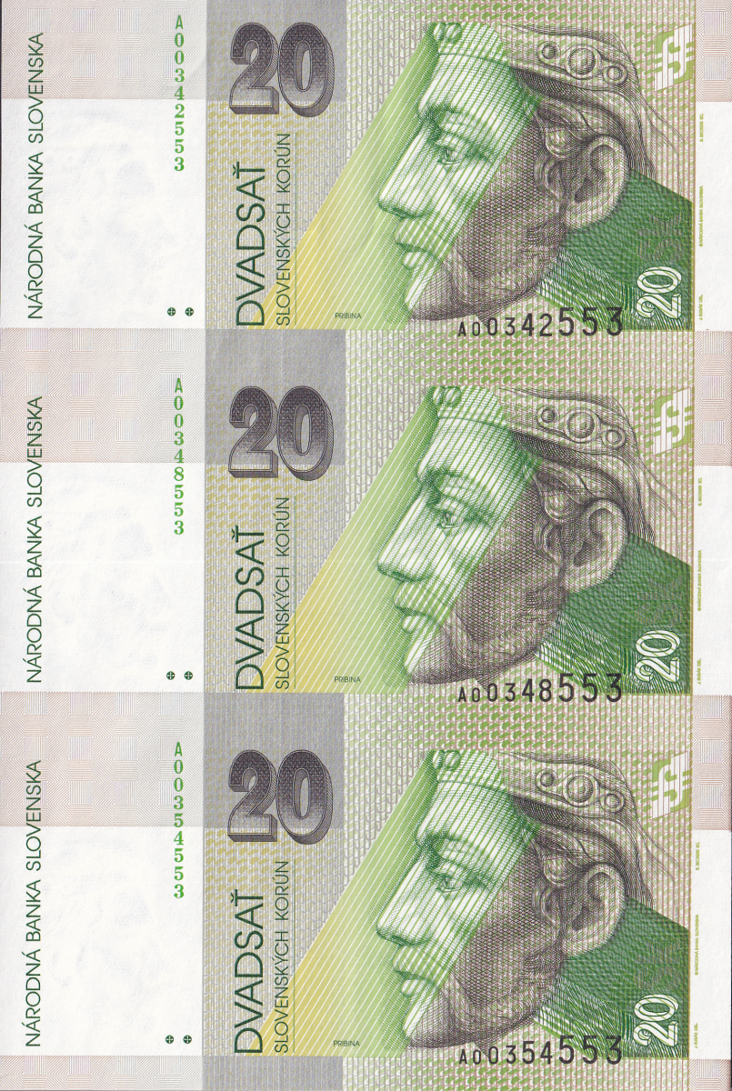 Slovakia 20 Slovenskych Korun 1993 P 20a UNC UNCUT 3 IN 1