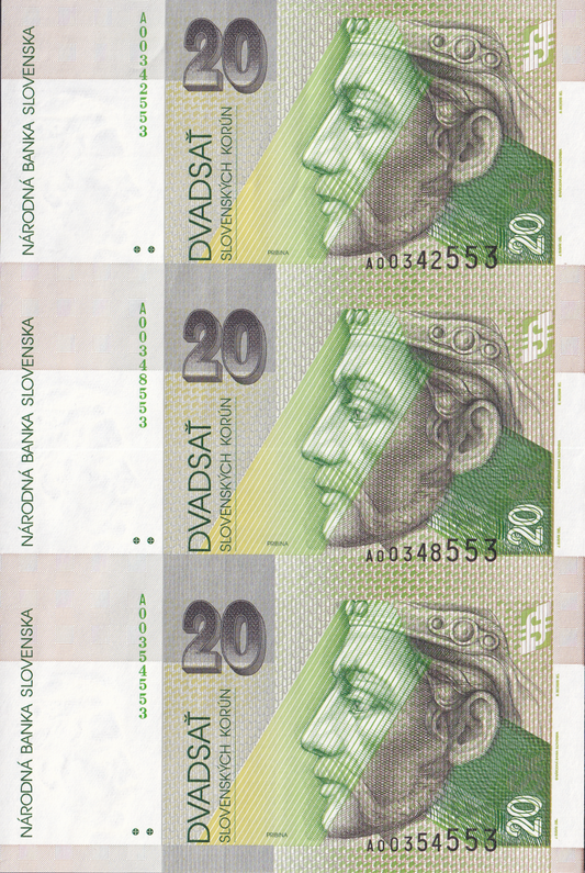 Slovakia 20 Slovenskych Korun 1993 P 20a UNC UNCUT 3 IN 1