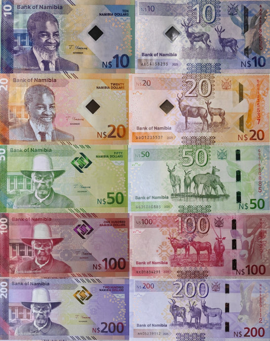 NAMIBIA 10 20 50 100 200 Namibia Dollars 2025 P New Issue Set 5 pcs UNC