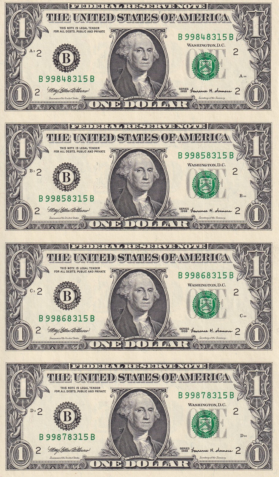 United States USA 1 Dollar 1999 P 504 "B" New York NY UNC UNCUT 4 IN 1