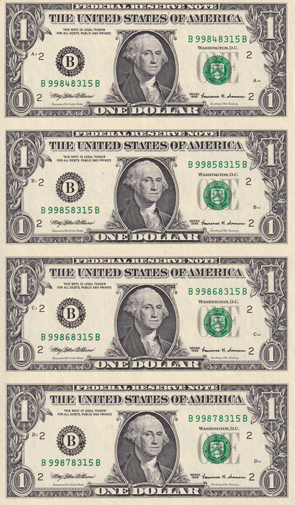 United States USA 1 Dollar 1999 P 504 "B" New York NY UNC UNCUT 4 IN 1