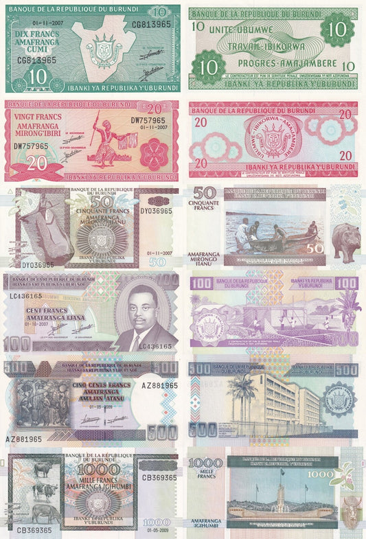 Burundi 10 20 50 100 500 1000 Francs 2007-09 P 27d 33e 36g 37f 45e 46 UNC Set 6