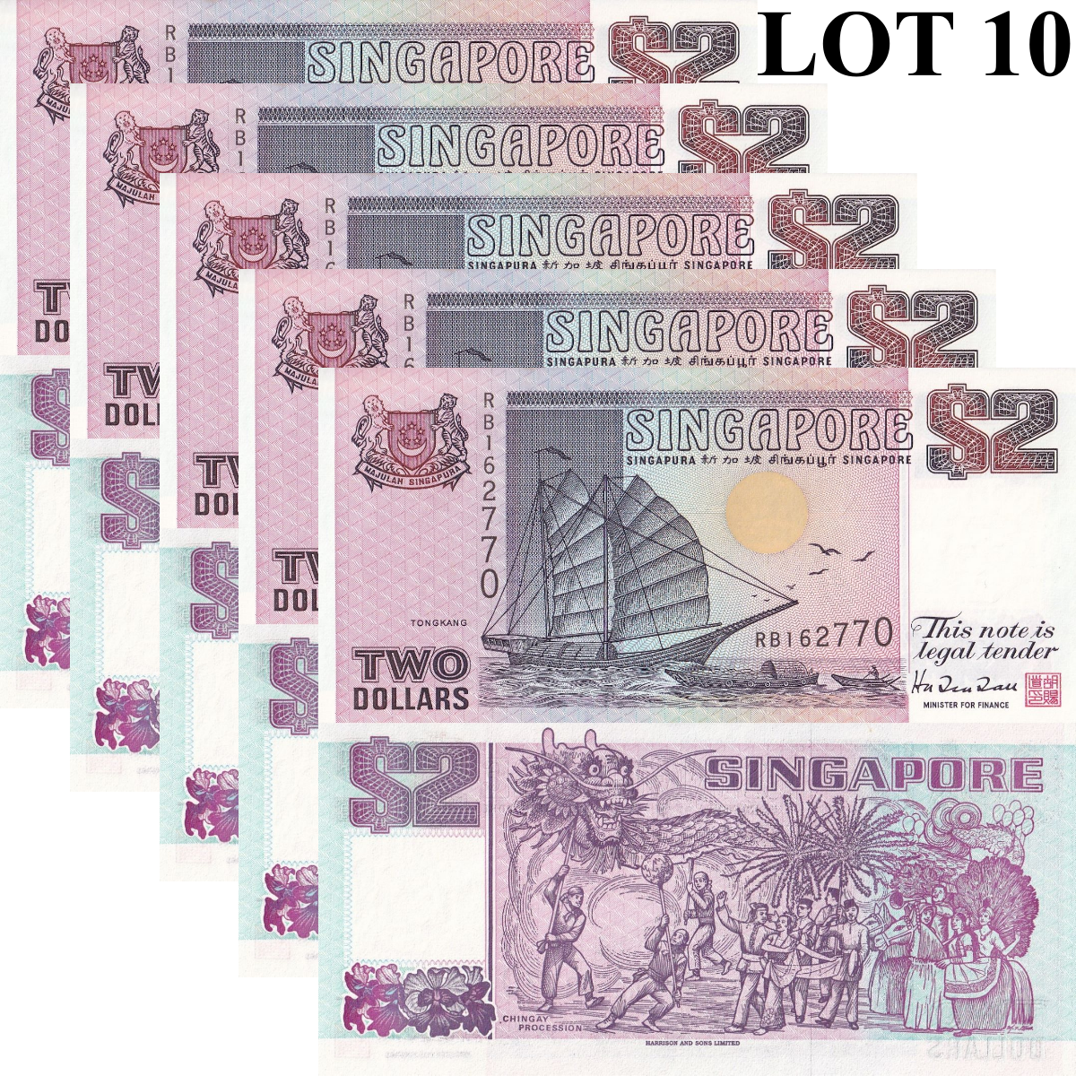 Singapore 2 Dollars ND 1997 P 34 UNC 1/20 Bundle Lot 5 pcs