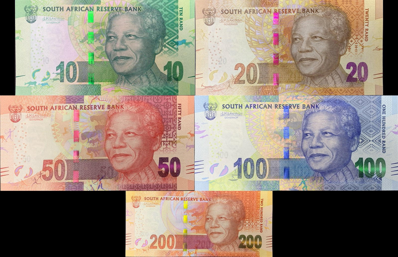 South Africa 10 20 50 100 200 Rand 2013-2016 P 138b 139b 140b-142b UNC Set 5 pcs