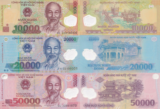 Viet Nam Vietnam 10000 20000 50000 Dong 2022 P 119 120 121 Polymer UNC Set 3 pcs