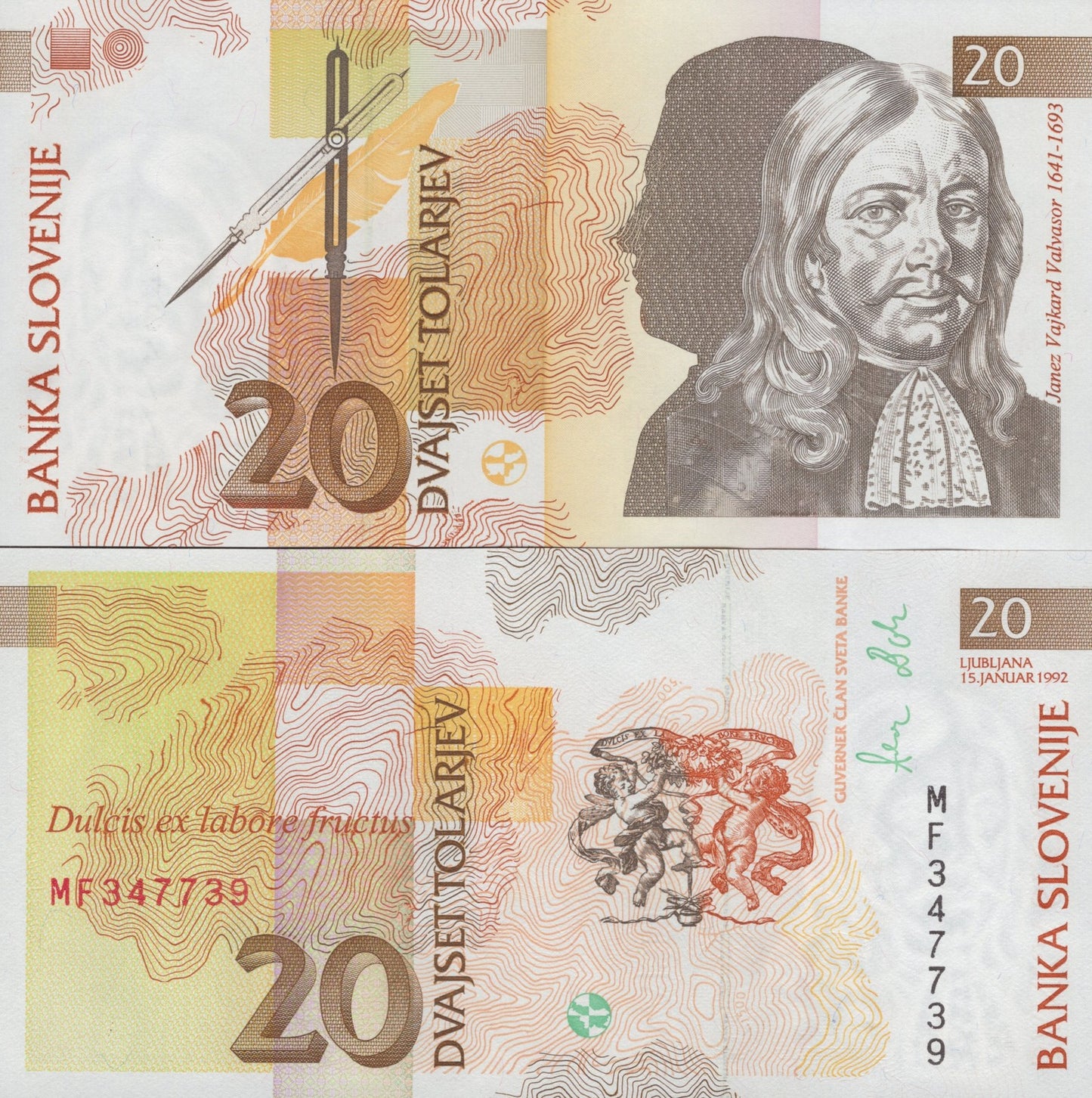 Slovenia 20 Tolarjev 1992 P 12 UNC 1/20 Bundle LOT 5 pcs