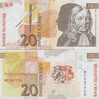 Slovenia 20 Tolarjev 1992 P 12 UNC 1/20 Bundle LOT 5 pcs
