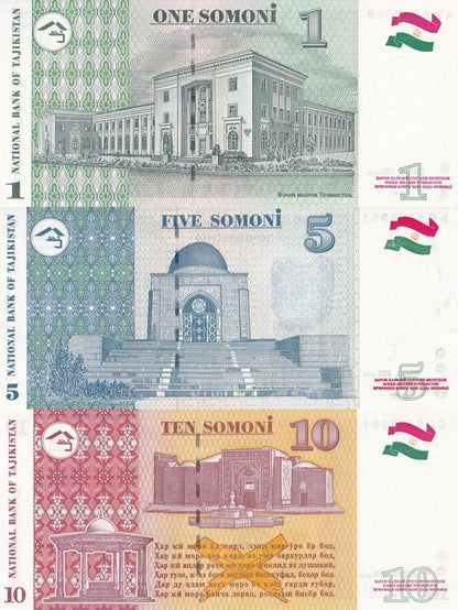Tajikistan 1 5 10 Somoni 1999 P 14a 15a(1) 16a UNC Set 3 pcs