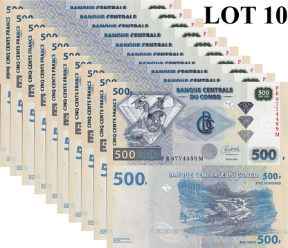 Congo Democratic Republic 500 Francs 2022 P 96C UNC 1/10 Bundle Lot 10 pcs