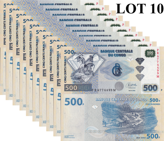 Congo Democratic Republic 500 Francs 2022 P 96C UNC 1/10 Bundle Lot 10 pcs