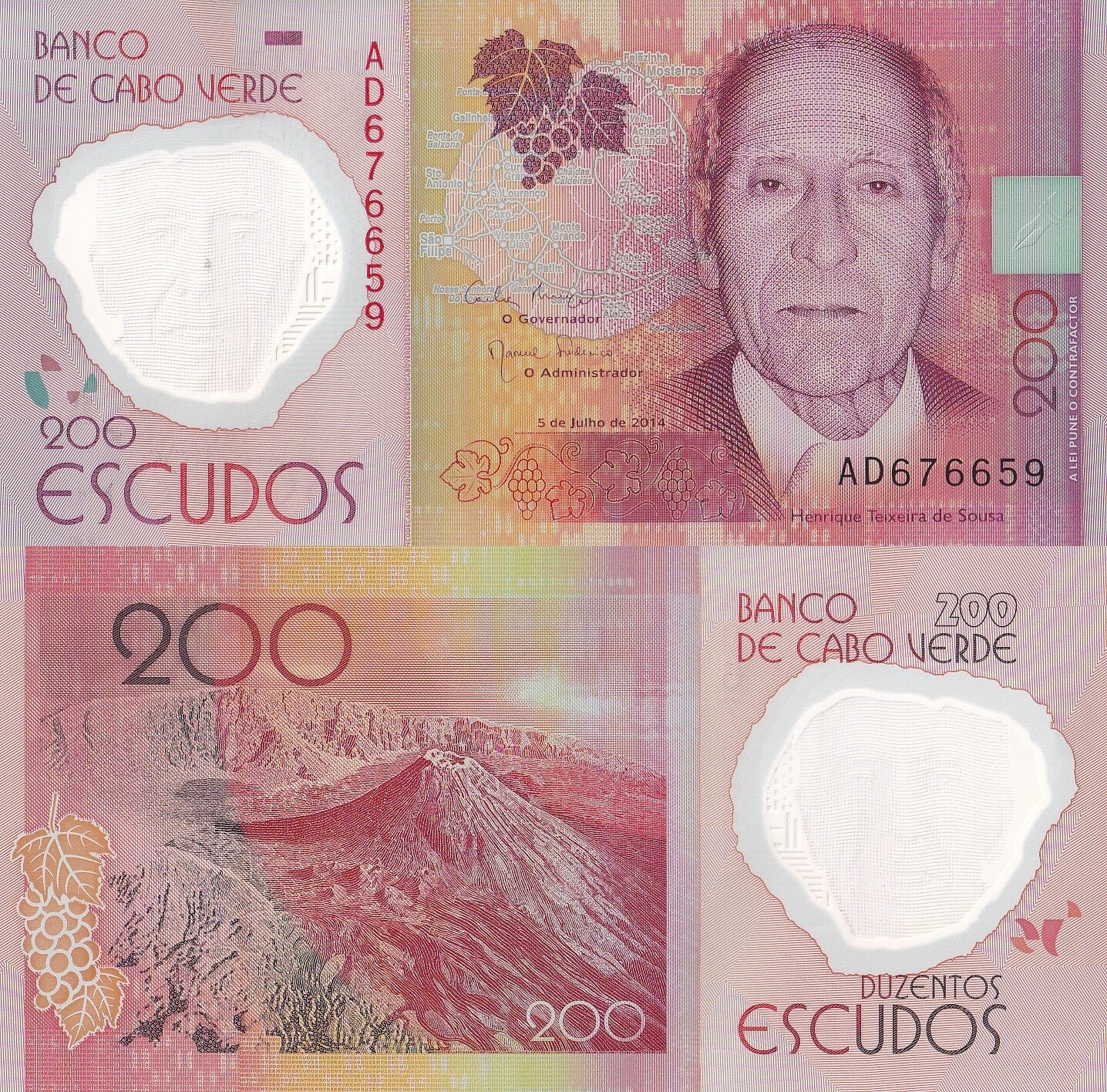 Cabo Verde 200 Escudos 2014 P 71 UNC 1/20 Bundle LOT 5 pcs