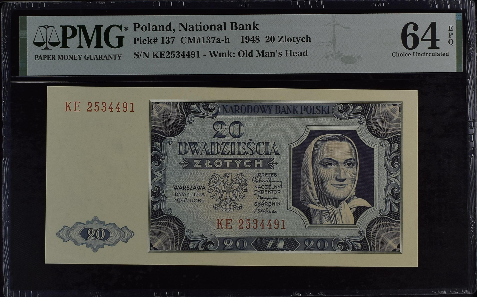 Poland National Bank 20 Zlotych 1948 P 137 UNC PMG 64 EPQ
