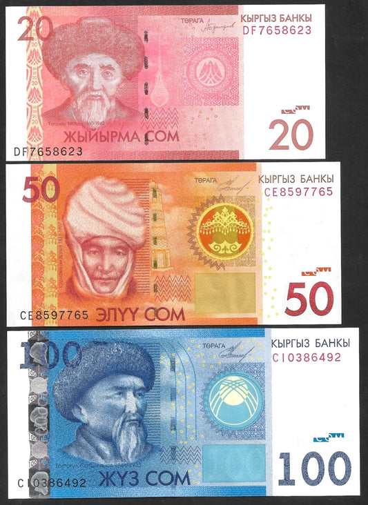 Kyrgyzstan 20 50 100 Som 2009 - 2016 P 24 25 26 UNC Set 3 pcs
