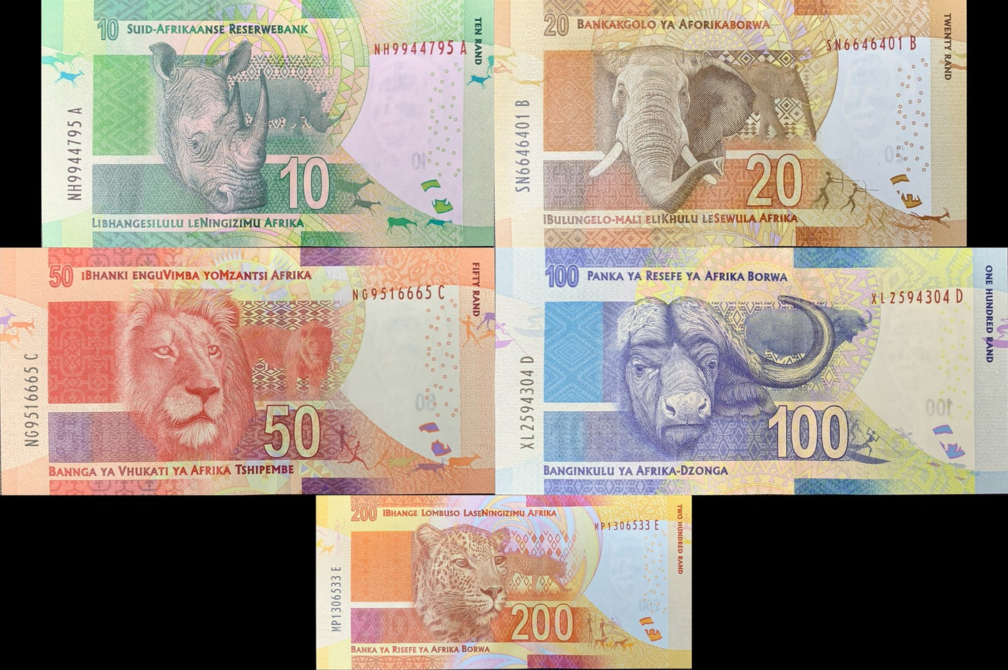 South Africa 10 20 50 100 200 Rand 2014 P 138 139 140 141 142 UNC Set 5 pcs