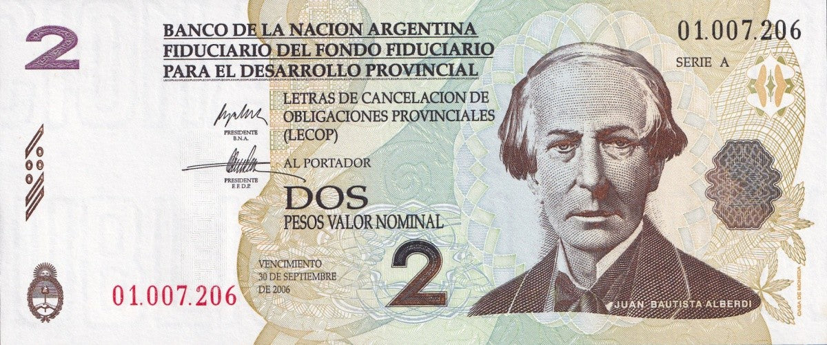 Argentina 2 Pesos 2006 P NL SERIE A UNC