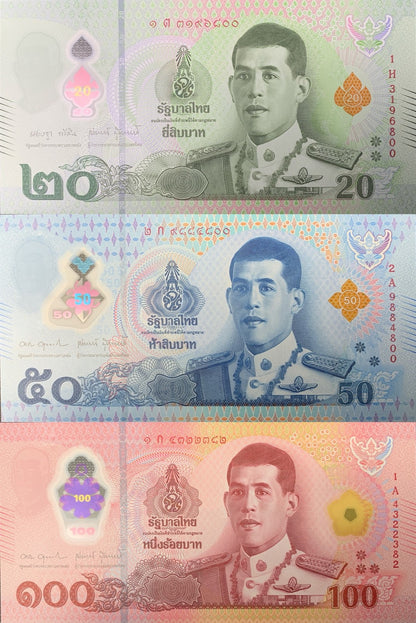Thailand 20 50 100 Baht 2022/2025 P 145 New Polymer UNC Set 3 pcs