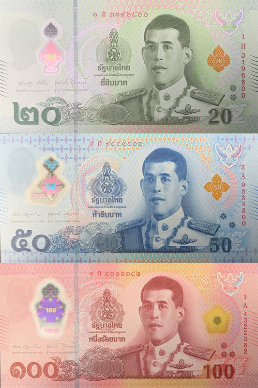 Thailand 20 50 100 Baht 2022/2025 P 145 New Polymer UNC Set 3 pcs