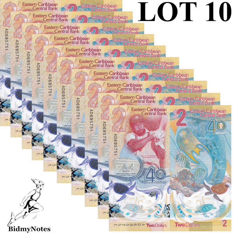 East Caribbean States 2 Dollars 2023 2024 P 61 Polymer UNC 40th COMM. LOT 10 pcs