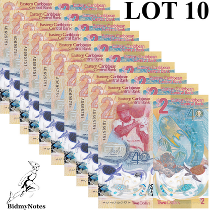 East Caribbean States 2 Dollars 2023 2024 P 61 Polymer UNC 40th COMM. LOT 10 pcs