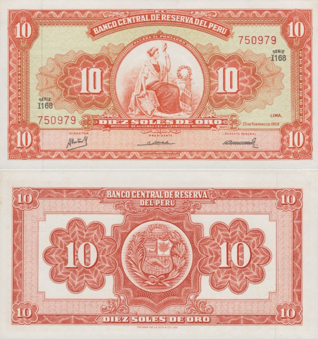 Peru 10 Soles De Oro 1968 P 84a UNC FOXING