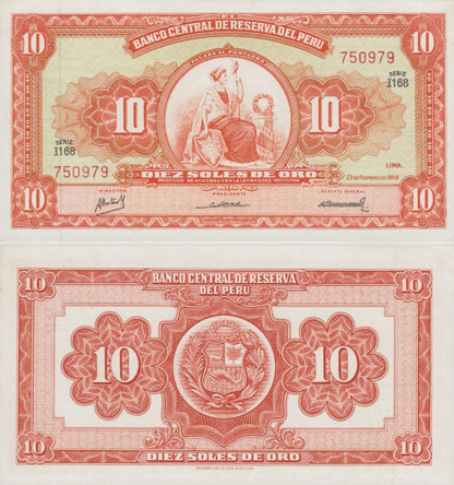 Peru 10 Soles De Oro 1968 P 84a UNC FOXING